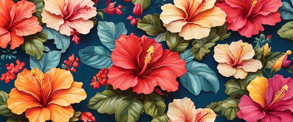 Fototapeta na wymiar Capture the beauty of nature with a colorful hibiscus pattern in a whimsical and playful drawing style, featuring the exotic flowers in bold and striking designs that will add a pop of color