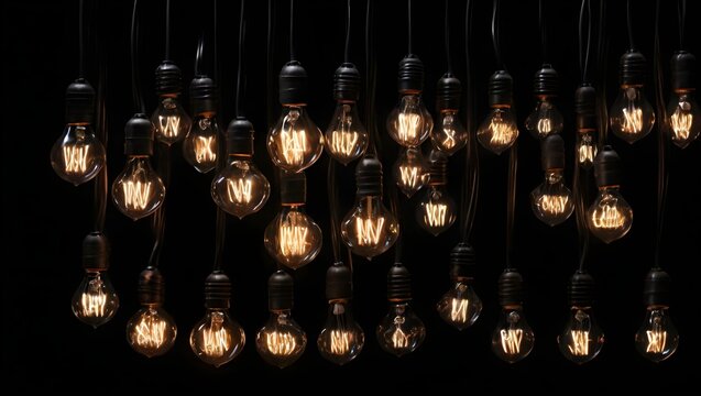 The image features a large collection of incandescent light bulbs suspended from the ceiling, creating an aesthetically pleasing pattern. 