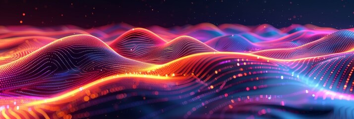 Obraz premium Vibrant digital wave landscape with particles. A high-quality 3D render of a dynamic digital wave landscape with illuminated particle dots creating a cosmic atmosphere.