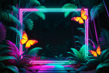 Fototapeta na wymiar Fantasy butterflies with neon light and rectangle glowing frame in the tropical forest.
