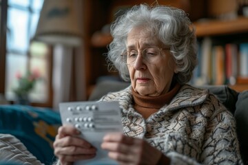 Elderly woman sitting on couch examining prescription pills on paper in living room setting