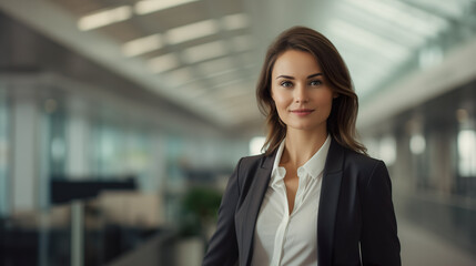 Successful young businesswoman standing in a modern business building - pretty smiling confident woman with long hair