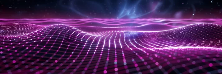 Rolgordijnen Vibrant digital wave landscape with particles. A high-quality 3D render of a dynamic digital wave landscape with illuminated particle dots creating a cosmic atmosphere. © Merilno
