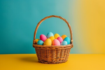 Fototapeta premium Colorful Easter Egg Basket Easter egg plant. Happy easter easter egg filling ideas bunny. 3d Easter egg candles hare rabbit illustration. Cute easter egg symbols festive card wallpaper bunny dance