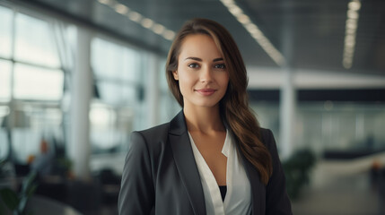 Successful young businesswoman standing in a modern business building - pretty smiling confident woman with long hair