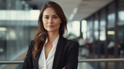 Obraz premium Successful young businesswoman standing in a modern business building - pretty smiling confident woman with long hair