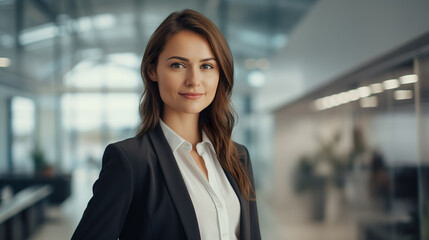 Fototapeta premium Successful young businesswoman standing in a modern business building - pretty smiling confident woman with long hair