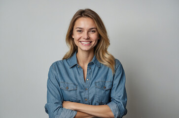 portrait of a woman smiling and looking to the camera on white wall