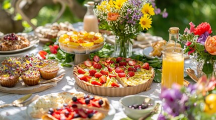 Bright Outdoor Easter Brunch Table with Spring Spread