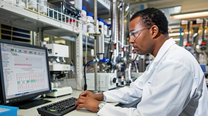 scientist monitoring the progress of an experiment on a lab computer connected to a network of analytical instruments