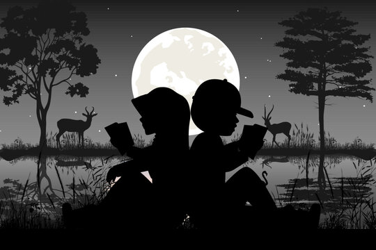 little boy and girl silhouette landscape