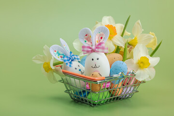 Easter sale concept. Shopping basket with festive symbols - rabbit, eggs, bird, traditional decor