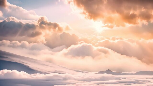 The image illustrates a dramatic and beautiful landscape where the sky, adorned with an array of clouds, greets the sunrise The sun, peering through dense clouds, casts a gentle light, creating a scen