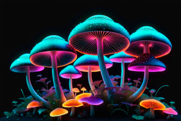 Fototapeta premium Mystical mushrooms with neon light on a in magical darkness.