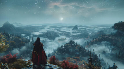 A cloaked figure overlooks a mystical forest valley under a starlit night sky.