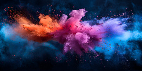 Explosion blue aqua red yellow violet dust powder colorful explosion with black background - obrazy, fototapety, plakaty