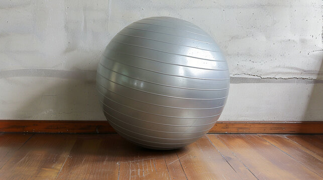 An exercise ball sitting in the corner of a gym