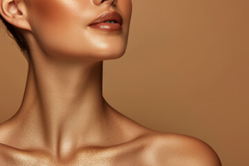 Against a serene beige background, the image showcases the graceful curvature of a beautiful woman's neck. Smooth and refined, her neck exudes elegance and poise, embodying timeless beauty.
