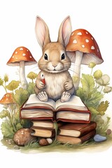 Rabbit reading a book on gardening in a burrow