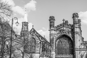 Chester, Cheshire, England, UK: Chester Cathedral dedicated to Christ and the Blessed Virgin Mary in black and white - 752919059