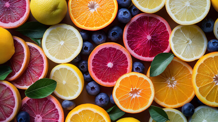 Fresh citrus fruits assortment top view.