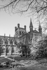 Chester, Cheshire, England, UK: Chester Cathedral dedicated to Christ and the Blessed Virgin Mary in black and white - 752919087