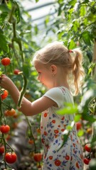 Little girl harvesting tomatoes in a greenhouse