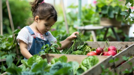 Little girl harvesting vegetables in a greenhouse into wooden box