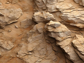 Light brown rock texture. Rough mountain surface. Close-up. Beige stone background with space for design. Web banner. Wide. Panoramic. Sandstone. Solid, rocky, slate.