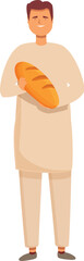Man take hot bread icon cartoon vector. Bread production factory. Worker smiling