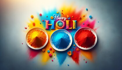 Top view of holi background with a bowls of colored powder.