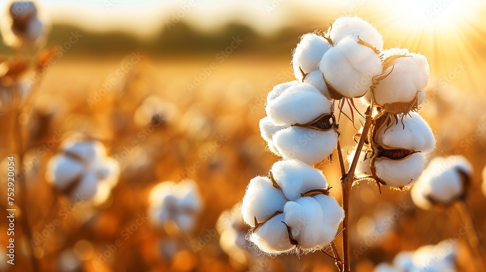 Poster cotton balls on branch in sunlight on summer field with ample copy space for text