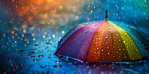 Rainbow umbrella with water drops Raining protection concept banner, Rain falling on a colorful umbrella with a rainbow, 
