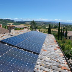 solar panels mounted on a home's roof, mountainous vistas, youthful energy, renewable energy from solar power 