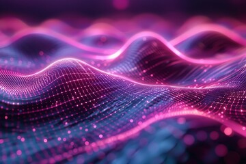 Vibrant digital wave landscape with particles. A high-quality 3D render of a dynamic digital wave landscape with illuminated particle dots creating a cosmic atmosphere.