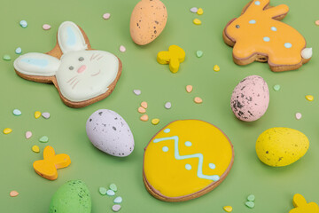 Traditional Happy Easter cookies, festive edible decor. Homemade baking concept, cute sweets