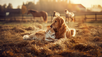 Dog, Cat and Horse in Field