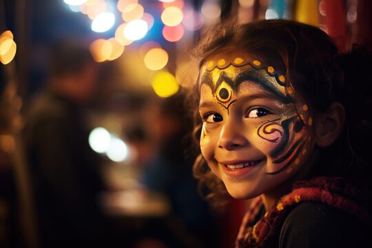Candid shot of a child with a face painted at the party.