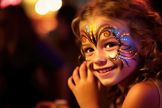 Candid shot of a child with a face painted at the party.