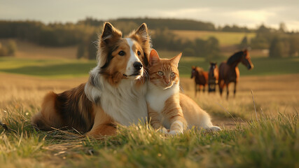 Dog, Cat and Horse in Field