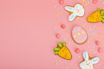 Traditional Happy Easter cookies, festive edible decor. Homemade baking concept, cute sweets