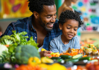 A family participating in a vision health workshop, where they learn about nutrition for eye health, including foods rich in vitamins and antioxidants, set in a community center