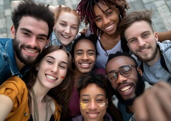 Multiracial friends taking big group selfie shot smiling at the camera
