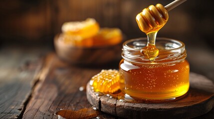 a jar of honey with a wooden dipper - obrazy, fototapety, plakaty