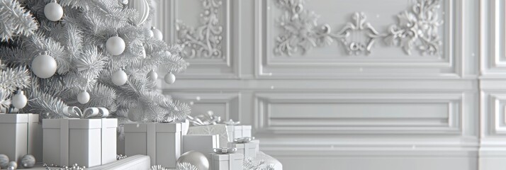 Festive christmas tree and gift boxes in modern minimal white living room interior with copy space