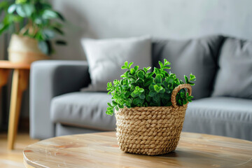 Wooden  table with with houseplant in living room