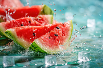 Summertime Splash: Watermelon Wedges with Water Droplets. Vibrant watermelon slices with a refreshing splash of water droplets captured in mid-air, evoking the cool essence of summer.