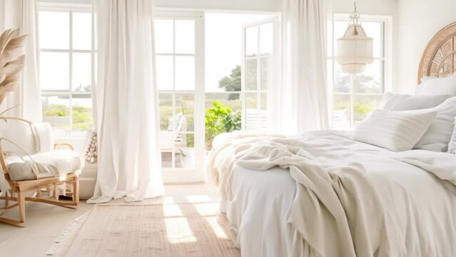 White coastal cottage bedroom decor, interior design and home decor, bed with elegant bedding and bespoke furniture, English country house and holiday rental
