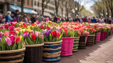 Sierkussen a group of colorful baskets of tulips © Tofan