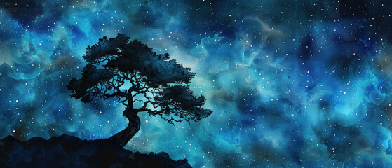 A tree is silhouetted against a starry sky